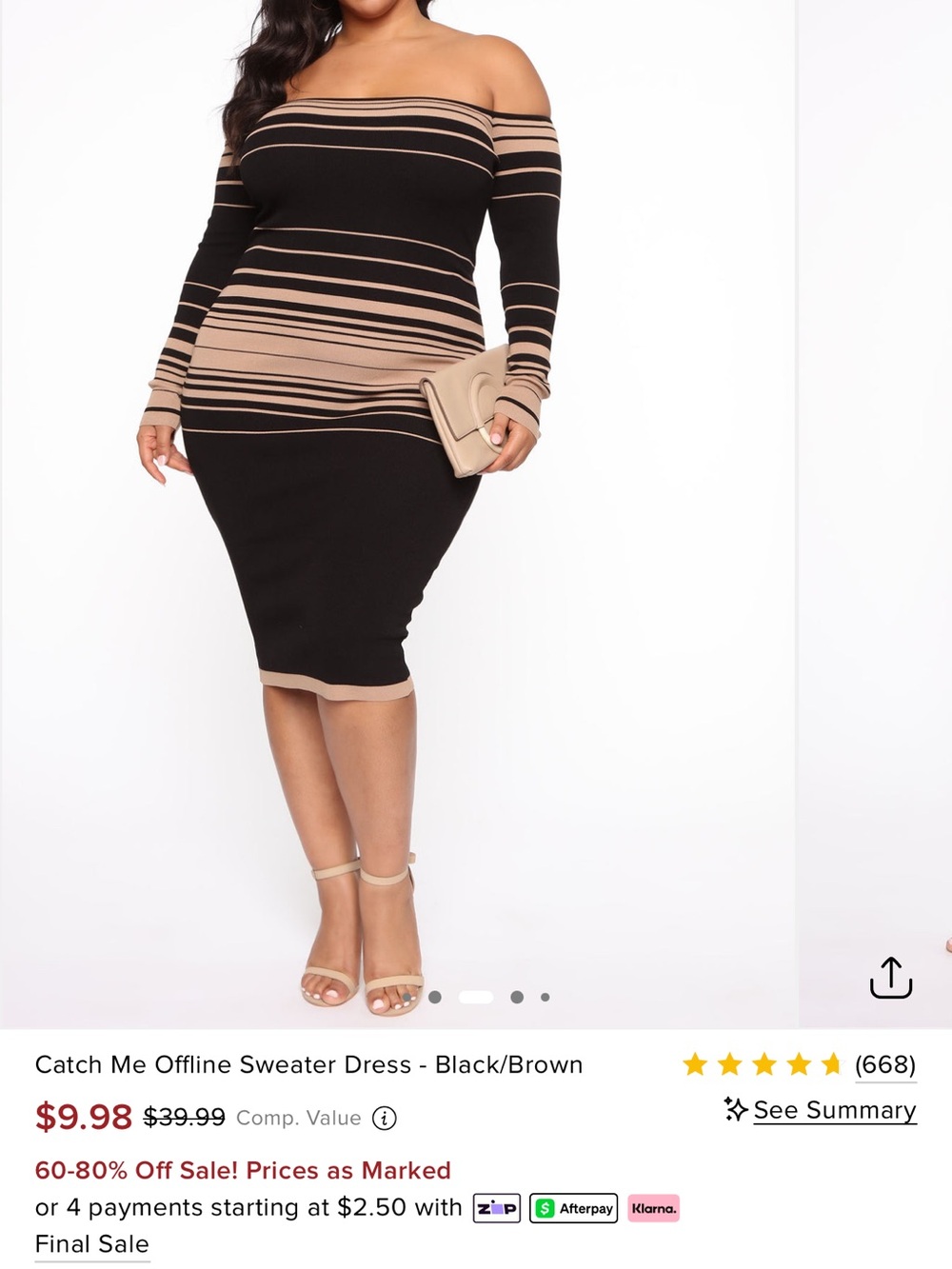 Fashion Nova Off-the-Shoulder Black and Brown Striped Sweater Dress